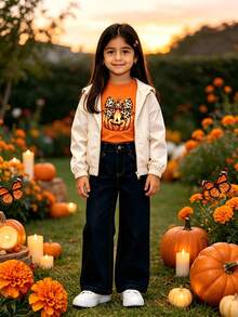 Playera de manga corta para niña, estampado de calabaza con lazo de leopardo, ropa casual para fiesta de Halloween - Naranja - Ver 2