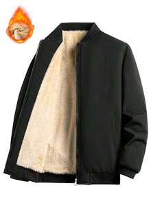 Men's Black Fleece Lined Aviator Jacket, Zipper Front Baseball Collar Casual Winter Coat - Black - View 1