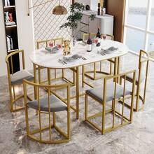 Flieks Six-Chair Dining Table Set: (White Table, Chairs With Backrests And Gray Cushions, Black Iron Frame), Dining Room Table And Chair Set, Modern Dining Table Combination - Gold - View 2