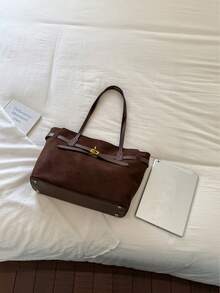 1pc Women's Solid Color PU Middle Compartment Shoulder Tote Bag, Large Capacity, Suitable For Outings, Shopping, Dating, Gift - Coffee Brown - View 4