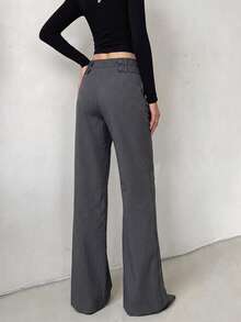 Women's Fall Grey Pinstriped Mid Rise Wide Leg Suit Pants, Office Casual Trousers,Loose Office Work Trousers - Grey - View 3