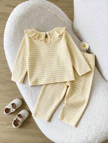 2pcs/Set Baby Girls Cute Minimalist Yellow & White Striped Floral Long Sleeve Top & Long Pants Set, Spring/Autumn - Multicolor - View 2