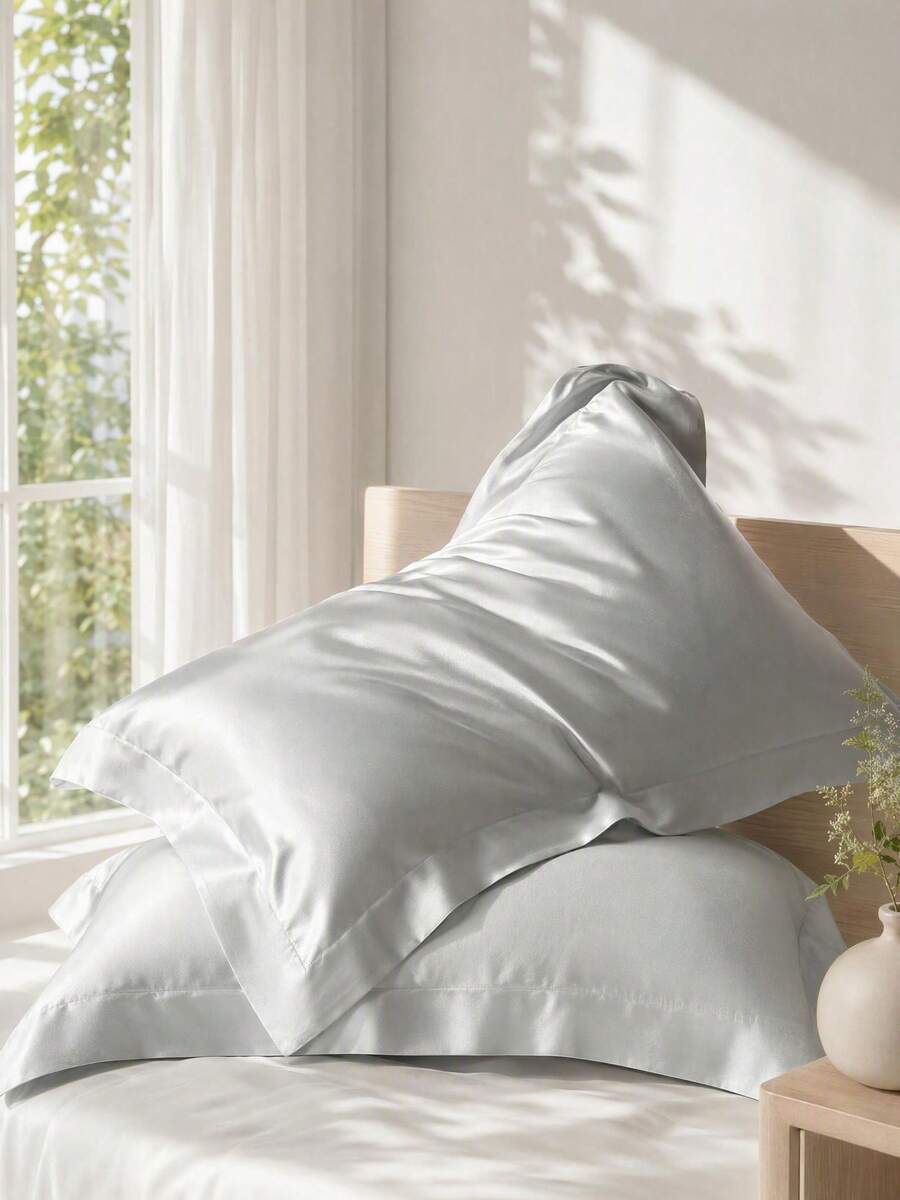 Haus Hana Ice Silk Pillowcases Set Of 2, Ultra Soft Satin Pillow Cases With Flanged Edge, Silk-Like Breathable Cushion Covers For Hair And Skin - Light gray - View 1