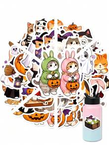 50Pcs Pumpkin Cat Stickers, Cute Cartoon Style, Costumed Kittens With Pumpkin Lanterns, Ghosts, Witch Hats, Capes, Skeletons, Candies, Star Elements, For Journal Collage, Tablet, Notebook, Storage Box, DIY Craft Decoration - Multicolor - View 2