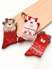 6 Pairs Women's Christmas Santa, Snowman, Reindeer Red Mid-Calf Socks, Suitable For Christmas Outfit - Multicolor - View 3