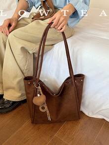 low tea 1pc Minimalist Suede Fabric Shoulder Tote Bag, Suitable For Commuting, Shopping, Etc. (With Pendant) - Coffee - View 9