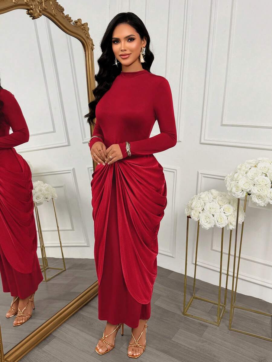 AIJ Women's Burgundy Semi-High Neck Long Sleeve Satin Wrap Dress ...