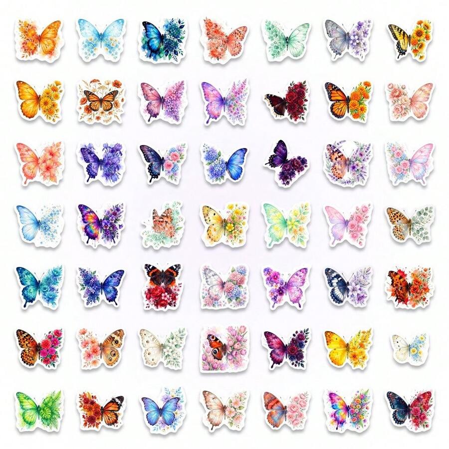 50Pcs Colorful Butterfly Graffiti Stickers, Cute Floral Butterfly Decals For Notebook, Skateboard And Water Bottle DIY Decoration - 50 PCS - View 1