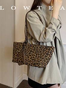 low tea 1pc Square Leopard Print Canvas Shoulder Bag, Suitable For Commuting, Shopping, Etc. (With Small Pouch) - Brown - View 7