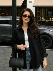 Women's Autumn Solid Color Pocket Front Button Down Casual Shirt Black - Black - View 1