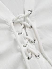 minisummer Women Elegant Fall Lapel Lace Up Front Shirt, Fall Clothes For Women, Long Sleeve V Neck Loose Blouse, Vacation Outfits Women - White - View 4