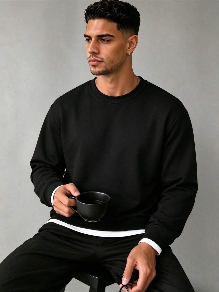ZYNTH BALENO Men's Fashion Autumn/Winter 2pcs Slim Fit Regular Shoulder Crew Neck Long Sleeve T-Shirt, Suitable For Gym, Running, Hiking - Black - View 1