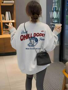 Niche Vintage OHILL DODE English Slogan Cartoon Illustration Print Crew Neck Sweatshirt Slouchy Autumn Top - White Grey - View 1