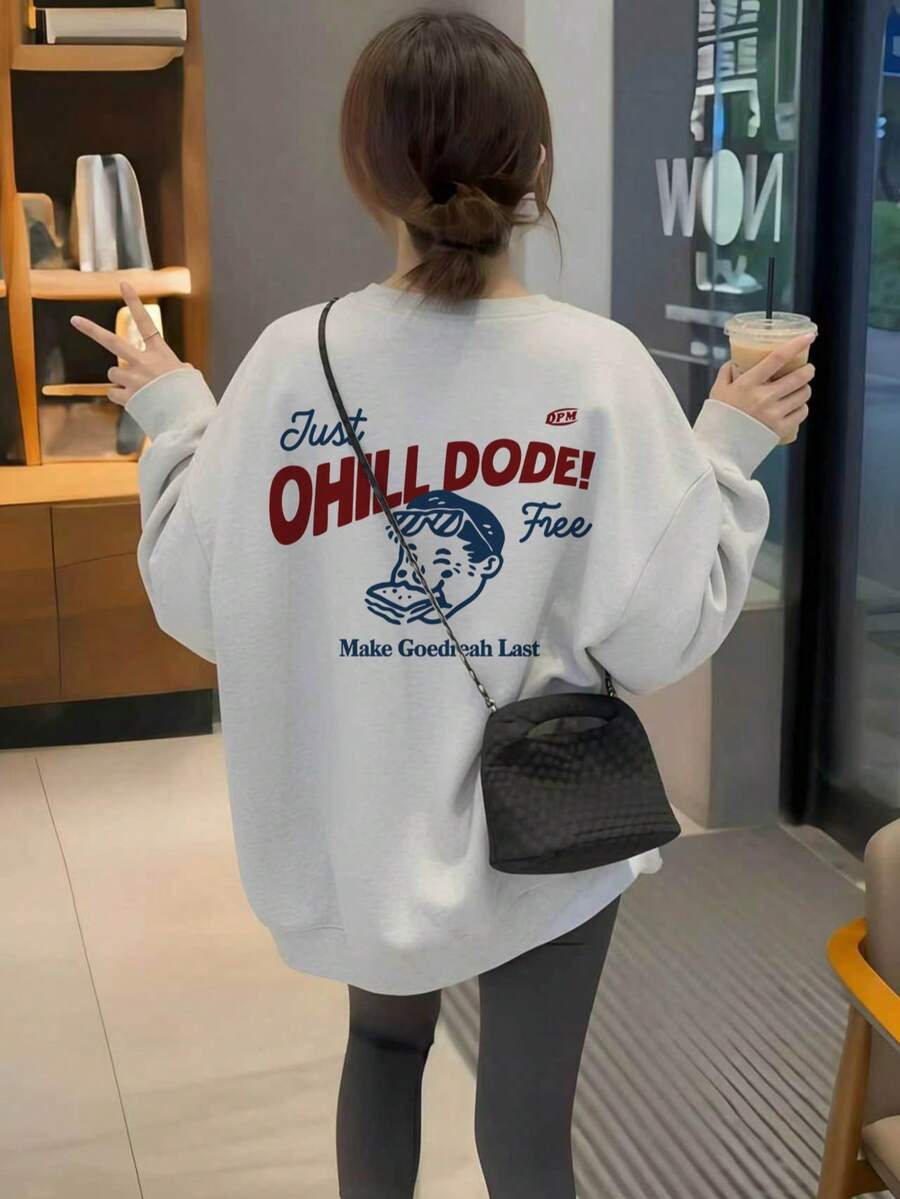 Niche Vintage OHILL DODE English Slogan Cartoon Illustration Print Crew Neck Sweatshirt Slouchy Autumn Top - White Grey - View 1