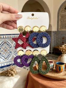 Betykuku 4 Pairs Bohemian Colorful Bamboo Woven Geometric Pendant Earrings Set - 4 Pairs Of Bamboo Woven - View 2