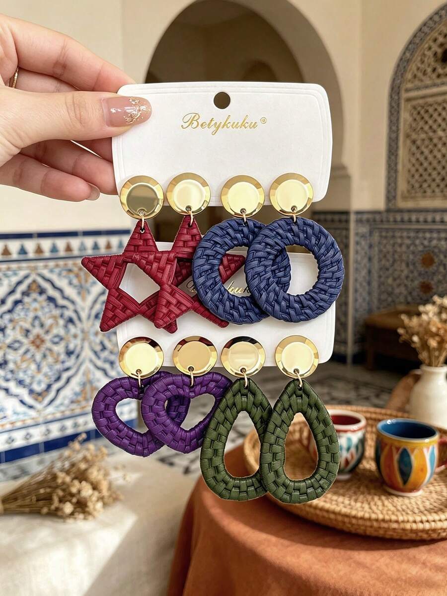 Betykuku 4 Pairs Bohemian Colorful Bamboo Woven Geometric Pendant Earrings Set