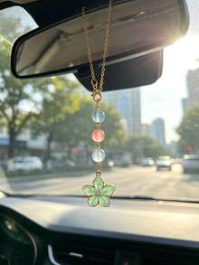 Pink Cherry Blossom Colorful Bead Car Hanging Ornament, Colorful Round Bead Chain Car Rearview Mirror Pendant, Sweet Cherry Blossom Design Car Rearview Mirror Hanging Decoration, Highly Attractive Women's Car Interior, Holiday Gift - Flowers - View 4