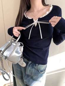 Women's Spring/Summer Patchwork Ruffle Front Tie Long Sleeve Casual T-Shirt - Navy Blue - View 2