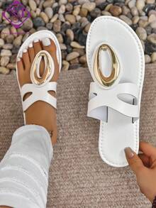 Women's Metal Buckle Embellished Flat Sandals, Hollow Out Breathable Versatile Casual Outdoor Beach Slip-On Flat Sandals - White - View 1