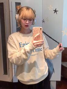 Cream Yellow Women's Korean INS Style Letter Print Pattern Round Neck Loose Casual Versatile Lazy Sweatshirt Pullover Top Autumn/Winter Campus Daily OOTD - Apricot - View 1