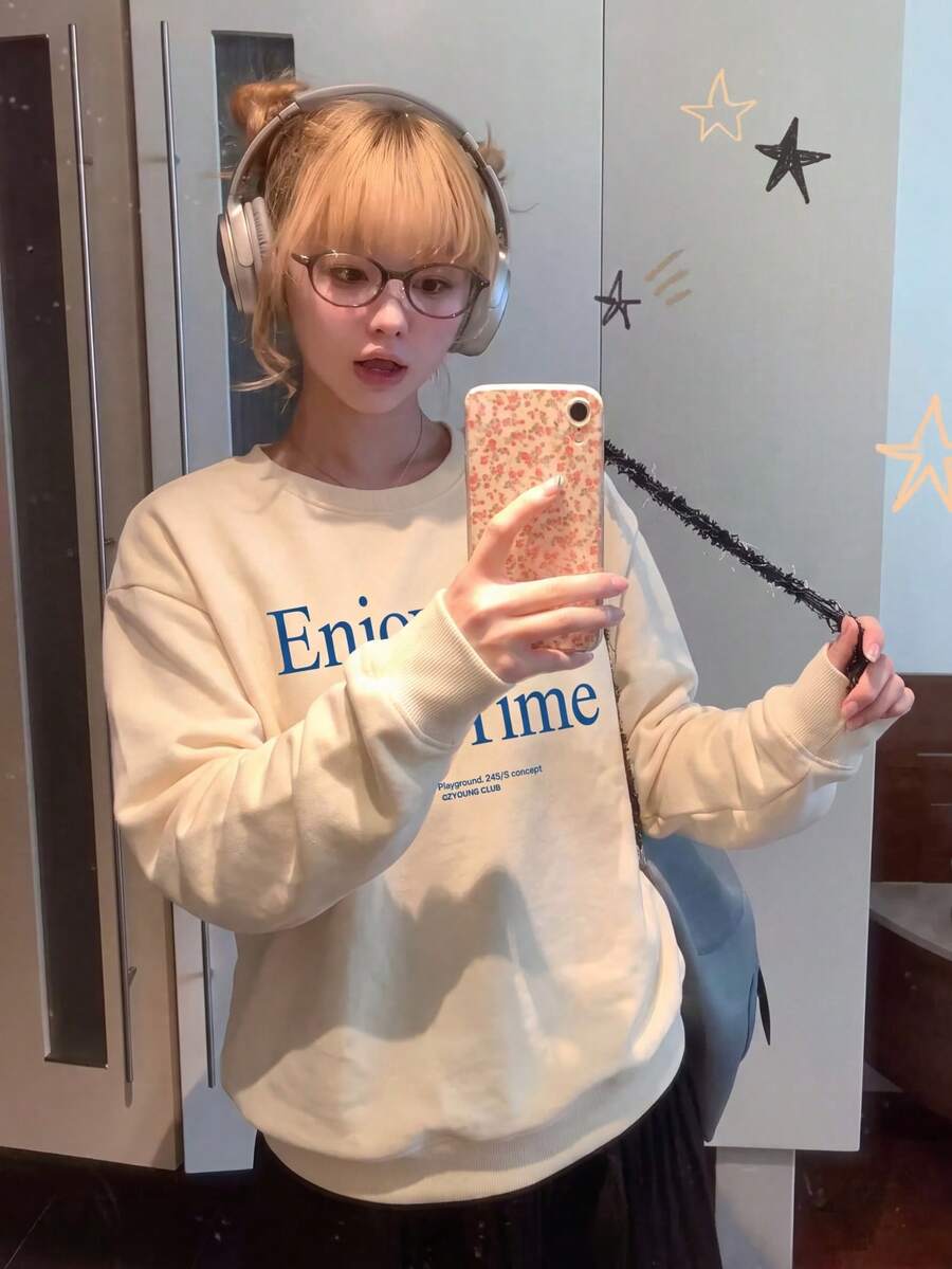 Cream Yellow Women's Korean INS Style Letter Print Pattern Round Neck Loose Casual Versatile Lazy Sweatshirt Pullover Top Autumn/Winter Campus Daily OOTD - Apricot - View 1