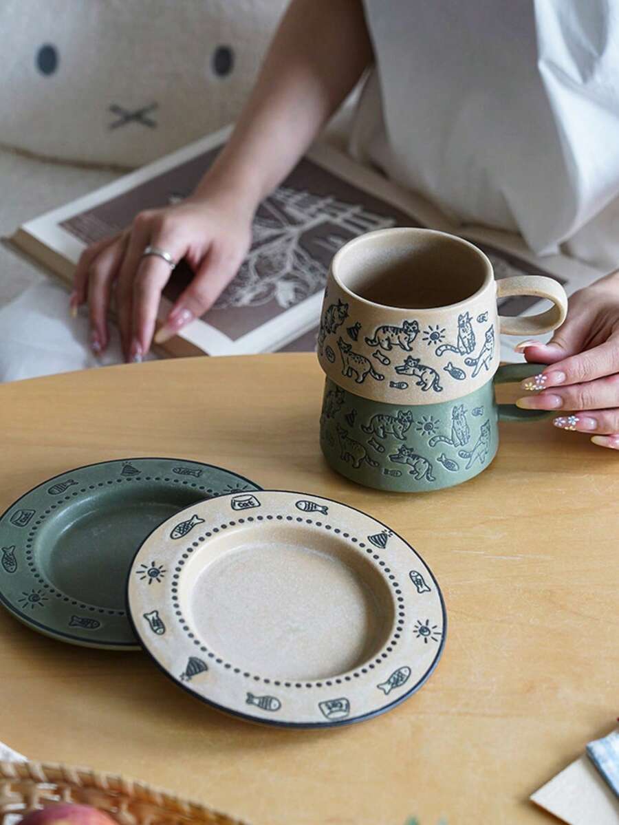 鳥與花卉陶瓷咖啡杯碟套組,精緻陶瓷咖啡杯碟,可用作咖啡杯、牛奶杯、早餐杯、拿鐵杯,適用於居家廚房、餐廳、辦公室,大容量舒適手柄,多功能馬克杯,個性化節日禮物 - 彩色 - 查看 1