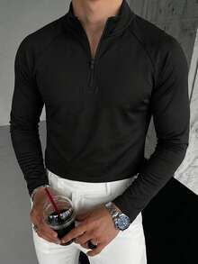 Kaos Polo Lengan Panjang Pria Model Raglan Kasual Musim Gugur/Dingin dengan Resleting, Cocok untuk Pakaian Sosial Sehari-hari - Hitam - View 2