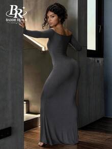 BADDIE REALM Women's Off-Shoulder Fitted Maxi Dress, Sexy Date Night Style - Dark Grey - View 3