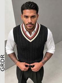 GRDR Men's Striped Patchwork Knit Vest - Casual Fashion Daily Wear - Black - View 4
