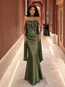 UNITHORSE [Random Cut] Women's Elegant Strapless Back Tie Sequin Patchwork Satin Evening Dress - Olive Green - View 4
