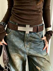 1pc Women's Silver Buckle Embossed Waist Belt Classic PU Fashion Accessory Versatile Leather Belt, Suitable For Commuting, Vacation, Casual Wear, Matching Dresses And Pants, Perfect For Daily Outfits, Dating, Parties - Coffee - View 1