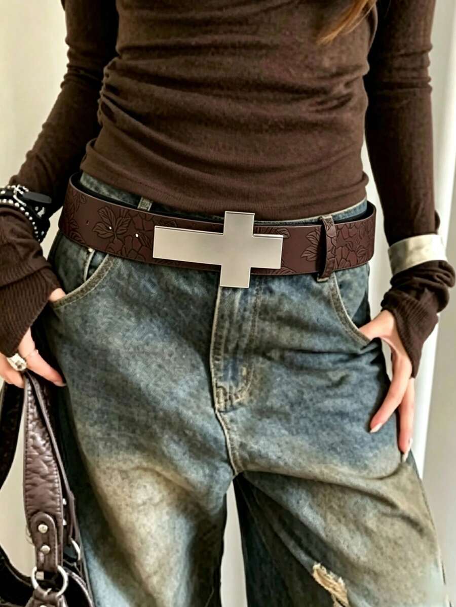1pc Women's Silver Buckle Embossed Waist Belt Classic PU Fashion Accessory Versatile Leather Belt, Suitable For Commuting, Vacation, Casual Wear, Matching Dresses And Pants, Perfect For Daily Outfits, Dating, Parties - Coffee - View 1