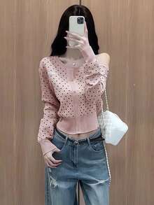 Pink Polka Dot Asymmetric Shoulder Long Sleeve Knit Cardigan Women Autumn Versatile Top - Pink - View 5