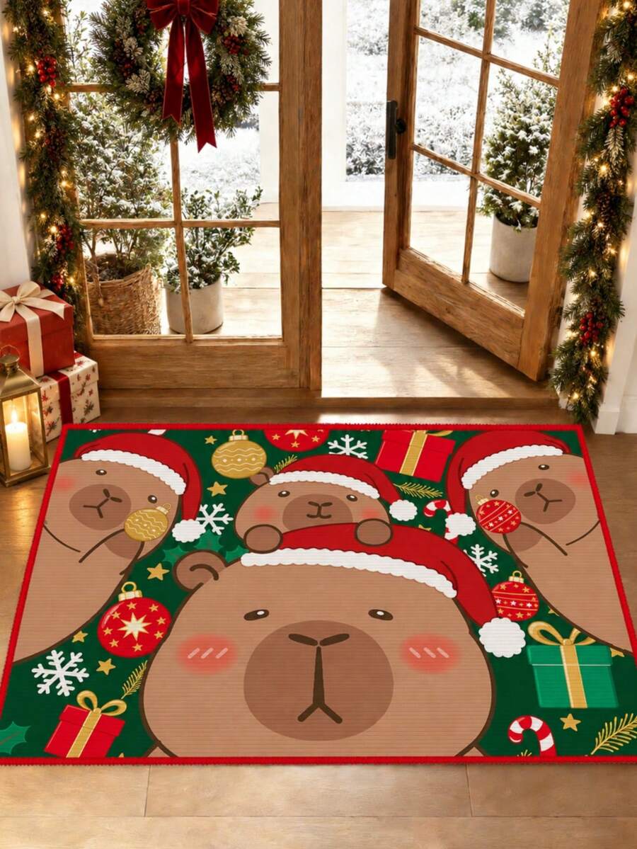 1pc Christmas Outdoor Anti-Slip Door Mat With Cute Capybara Pattern, Bathroom Mat, Kitchen Mat, Christmas Theme Decorative Carpet, Multi-Functional Mat, Hallway Carpet, Soft And Convenient Anti-Slip, Suitable For Kitchen Indoor/Outdoor Entrance, Bedroom, Home Decor, Machine Washable - Multicolor - View 1