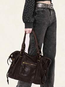 Soft Washed PU Leather, Zipper Closure, Large Capacity, Fits 13-Inch Laptop, Adjustable Shoulder Strap, Crossbody Shoulder Bag - Coffee - View 9