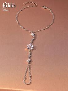 Hihho 1pc Elegant Floral Cubic Zirconia Ring Bracelet Set, Luxury Versatile - Flowers - View 9