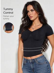 Women's Black Seamless Short Sleeve V-Neck T-Shirt, Shaping Top, Autumn Outfit - Black - View 3