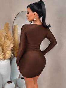 AIJ Sexy Deep V-Neck Long Sleeve Slim Fit Bodycon Mini Dress, Metal Buckle Decor Side Ruched Elastic Nightclub Style Dress, Brown Autumn/Winter Night Out Date Party Outfit, Halloween Occasion - Brown - View 2