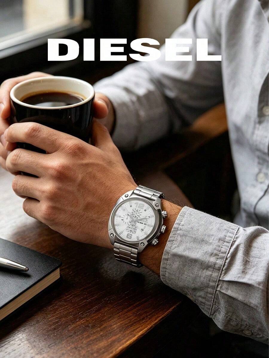 DIESEL DZ4203 Men's Chronograph Watch, Silver Stainless Steel Band White Dial Sports Watch - Silver - View 1