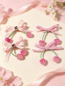 4pcs Pink Plaid Bow Cherry Hair Clips, Sweet Cute Side Bangs Hair Clips, Women's Daily Hair Accessories - Multicolor - View 10