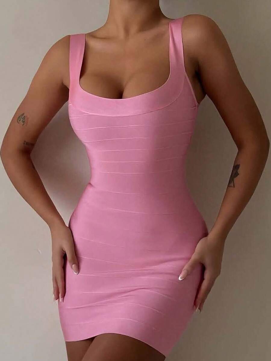 Women's Elegant Solid Color Spaghetti Strap Knit Dress - Pink - View 1
