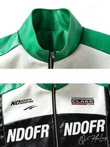 Men's Colorblock Racing Leather Jacket With Stand Collar, Zipper, Letter Print, Hip-Hop Street Style Motorcycle Riding Jacket, Suitable For Spring And Autumn - Army Green - View 7