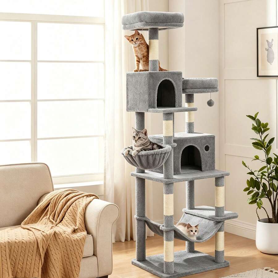 FEANDREA Árbol Rascador de Varios Niveles, Árbol para Gatos Alto con Postes de Sisal, Cueva Grande y Hamaca, Beige - Gris - Ver 1