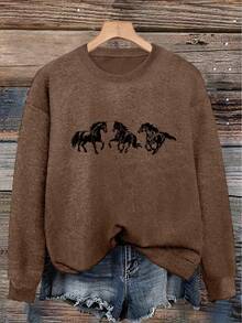 Women's New Round Neck Long Sleeve Sweater, Cute Bear Pattern Print, Fashion Casual Knitwear, Suitable For Daily Commute - Dark Ochre - View 1