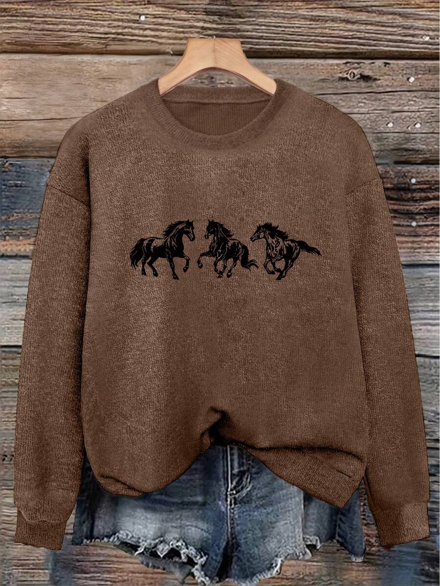 Women's New Round Neck Long Sleeve Sweater, Cute Bear Pattern Print, Fashion Casual Knitwear, Suitable For Daily Commute - Dark Ochre - View 1