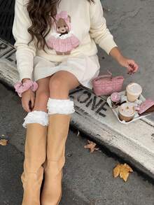 Women's Crew Neck Teddy Bear Print Long Sleeve Pullover Sweater, White, Collegiate Style Top Fall - White - View 2