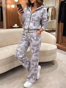 Autumn Fashion Women's Casual Hooded Zip-Up Jacket 2 Pieces Set, Leaf Print, Slightly Elastic Fabric, With Pockets, Suitable For LDW, Halloween, Weekend, , Game Day, Christmas Outfit, Thick Thighs, Saves Lives, Autumn Must-Have Recommendation - Light Grey - View 2
