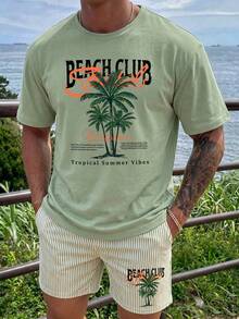 Men's Versatile Palm Tree Print Round Neck Short Sleeve T-Shirt And Casual Striped Shorts Beach Set, Summer - Olive Green - View 3