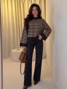MORI Fall Winter Women Sweaters Elegant Casual Y2K Brown Striped Mock Neck Wide Bell Sleeve Drop Shoulder Oversized Loose Knit Pullover Top - Brown - View 6