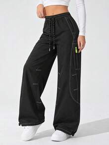 Women's Black Cargo Pants With Wide Leg, Drawstring Elastic Waist, Contrast Stitching, Zipper Pockets And Adjustable Hems - Black - View 2